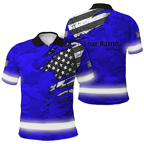 HiVis Custom Safety Polo Shirts Scratch Blue Camo US Flag Customize Name High Visibility Shirt for Men Reflective Shirt Construction Workwear for Runners, Walkers, Trucker, Operator, Patriotic-L