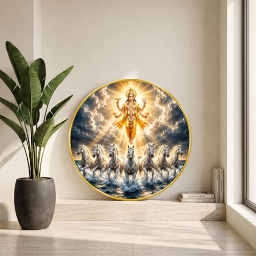 Image of SAF Lord Vishnu 7 Horse Round Wall Painting with Premium PVC Golden Frame, Divine Surya Vastu Art, Hindu Religious Home Decor for Living Room Prayer Room (20 x 20 Inch) GRL-447