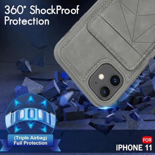 Image of amazon basics Premium Vegan Leather Back Cover with Card Holder and Integrated Mobile Stand for iPhone 11 - Slim Shockproof Wallet Case with Geometric Stitching [Gray]
