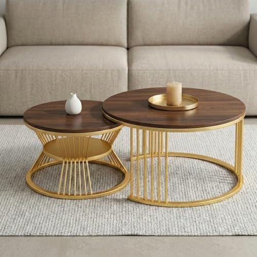 Image of Coffee Table, 20 inch Round Coffee Table Set of 2, Wooden Nesting Table with Metal Frame, Center Tables for Living Room Bedroom Balcony Bedside Table Gold Brown
