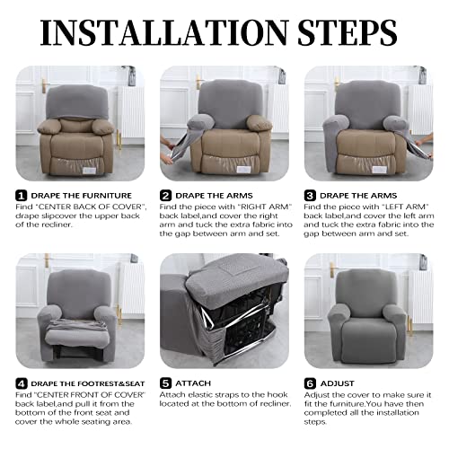 Figooo Recliner Sofa Covers 2 Seat Stretch Loveseat Recliner Cover Non Slip 6-Piece Jacquard Recliner Couch Cover With Pockets Reclining Couch Covers Furniture Protector For Dogs Cats,Beige #TOP6