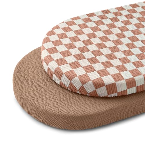 Image of Blissful Diary Muslin Bassinet Sheets, 2 Pack, Brown Checkboard & Brown | fitted for bassinet mattress, soft and breathable cotton, boho style, easy care for machine wash, gift for boy and girl