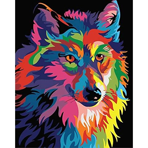 DIY Painting by Numbers Pre-Printed Canvas Oil Painting Gift for Adults Children Kits Home Decor Colourful Lions 40 x 50 cm (Colourful Wolf) Cover