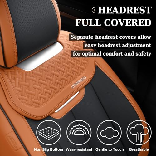 Image of Coverado Seat Covers, Front Car Seat Cover, 2 Pack Breathable Nappa Leather Seat Cover, Waterproof Car Seat Protector, Car Seat Cushion, Universal Auto Seat Covers Fit for Most Cars (Brown&Black)