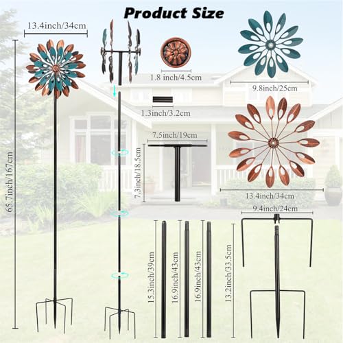 Image of VEWOGARDEN 360 Outdoor Metal Wind Spinners Kinetic Wind Sculptures & Spinners for Yard Garden Lawn Patio Decorations, Blue & Bronze