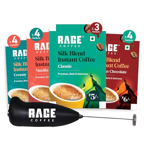 Rage Coffee – Silk Blend Assorted Sachets & Frother Coffee Kit Combo (15 X 1.5 Gram Sachets) | 3 Classic, 4 Creamy Hazelnut, 4 Vanilla Velvet & 4 Belgian Chocolate Flavours & Beater)| Hot & Cold Coffee