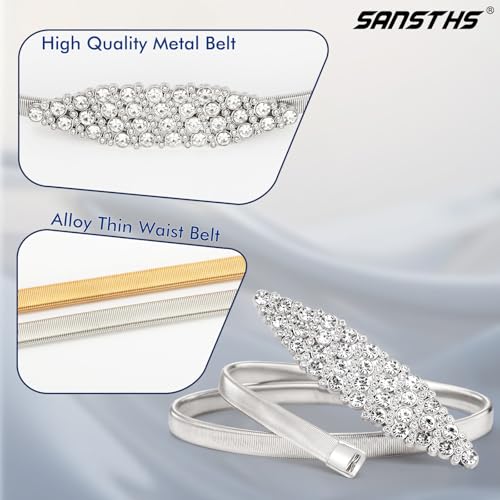 SANSTHS Womens Elastic Thin Metal Waist Belt, Stretch Chain Belt for Dresses, Skinny Rhinestone Adjustable Waistband3