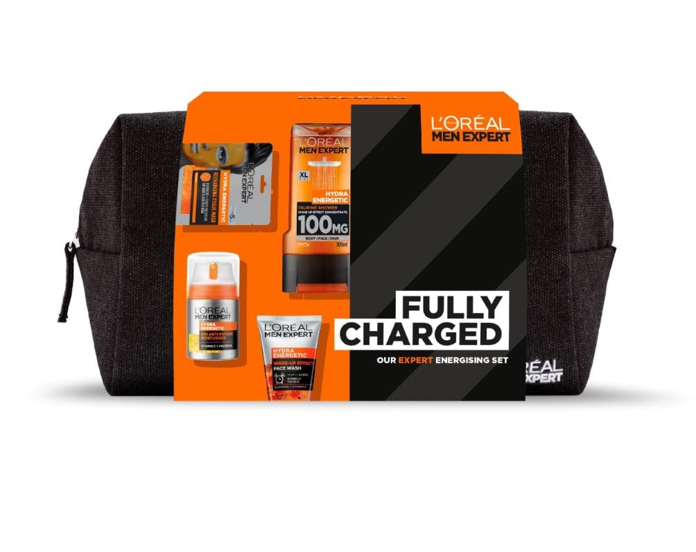 L'Oréal Paris Men Expert Fully Charged Washbag Gift Set For Him, Energising Face & Body Skincare Routine, Deep Cleanse, Revitalising, Gift Set for Men