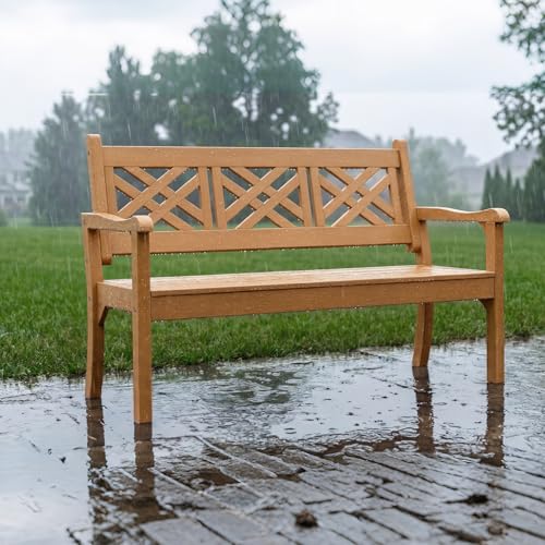 Image of Psilvam 54 inch Poly Lumber Outdoor Patio Bench Weatherproof, 3-Person (Teak)