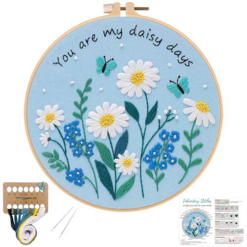 Image of Louise Maelys Daisy Quote Embroidery Kit for Beginners, Blue Floral Craft