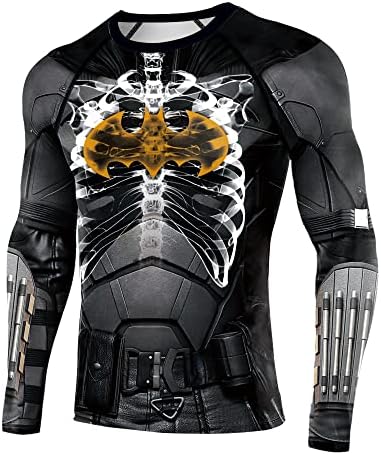 Men's Compression Shirts Long Sleeve 3D Print Bat Skeleton Cool Pattern Sports Fitness Summer Tops Grey/Yellow