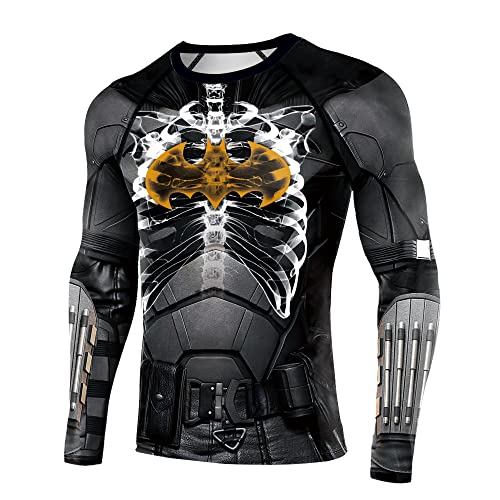 Men's Compression Shirts Long Sleeve 3D Print Bat Skeleton Cool Pattern Sports Fitness Summer Tops Grey/Yellow #TOP2