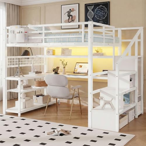 Loft Bed with Stairs Desk Storage & LED Lights