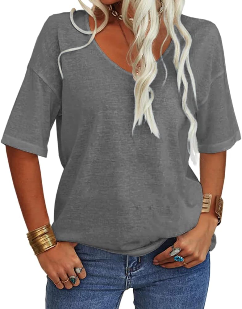 TankaneoWomen's 3/4 Sleeve Shirts V Neck Loose Fitting Tops Casual Solid Color Tshirts Trendy Basic Tunic Summer Ladies Tops
