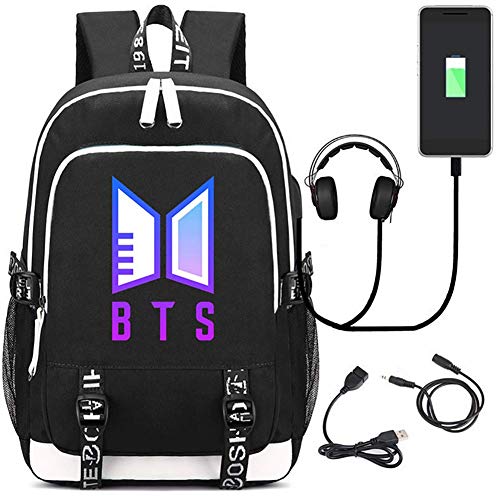 HGYYIO Poliéster Mochila Escolar BTS Bangtan Impresión de algodón de azúcar con Puerto