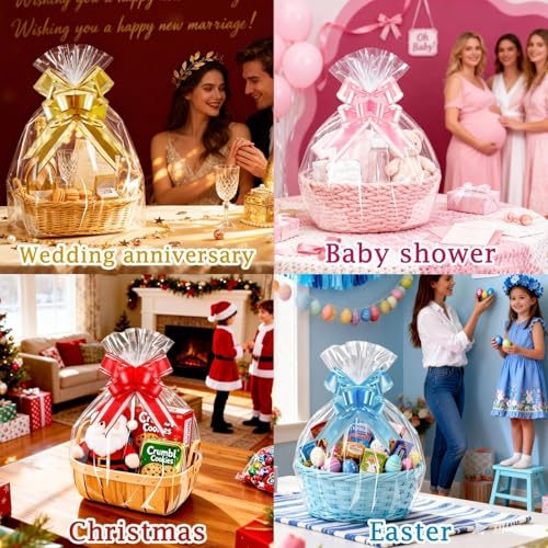 Image of PigPotParty Cellophane Bags for Gift Baskets, 16x24 in, 10 Pack, Blue Bows | Thick clear OPP holds shape; seamless bottom resists tears; easy-to-use large pull bows save time and add a polished finish