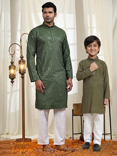 Image of Pro-Ethic Style Developer Men Silk Striped Father Son Matching Ethnic Wear Embroidery Mirror Work Kurta Pyjama Set |(Combo)B-117