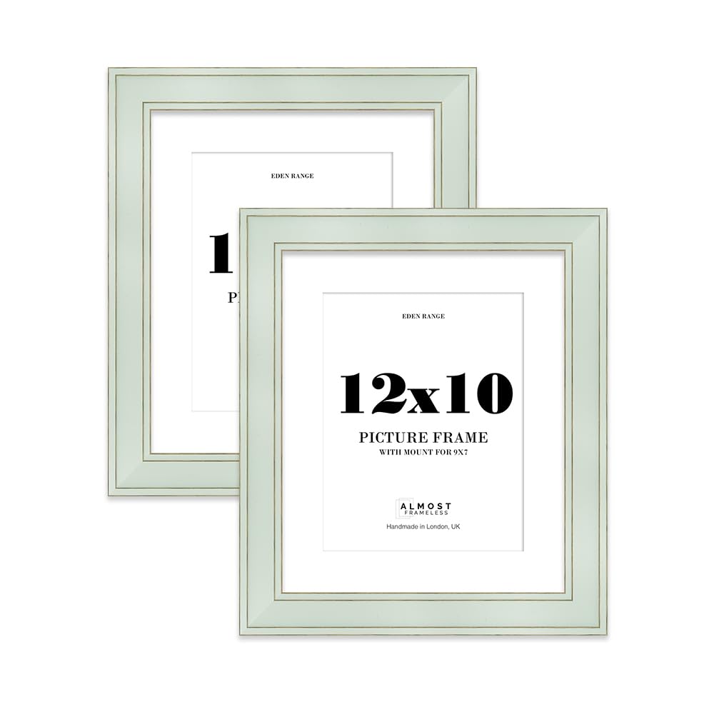 12x10" Sage Green Picture Frame with 9x7" Mount - Shabby Chic Photo Frame with Distressed Finish, Gold Trim, Wall Hooks and Kickstand, 37mm Edge - 2 Pack