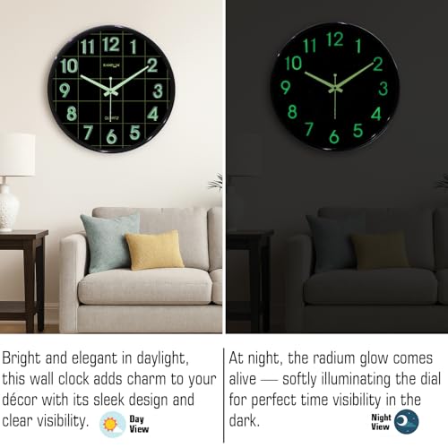 Image of RANDOM Modern 12.75INCH Wall Clock with 3D Radium Numbers, Silent Non-Ticking, Premium Black Frame, Ultra Clear Glass for Living Room, Home Office