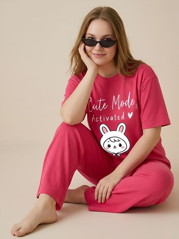 Image of My Swag Womens Nightsuit Set | Cute Bunny Graphic Print T-Shirt & Pajama | Soft Breathable Sleepwear and Loungewear Co-Ord Set for Women