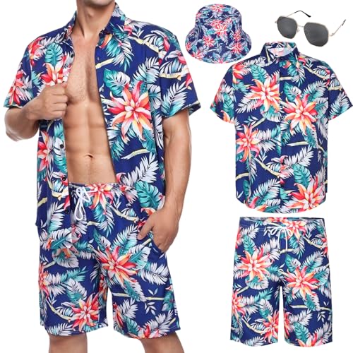 Camisas Hawaiana Hombre, Camisa Pantalones Cortos Hombre Sombrero Gafas Disfraz para Adulto de Playa Verano Tropical Vacaciones (FR/ES, Letras, 3XL, Regular, Regular, Azul Oscuro)