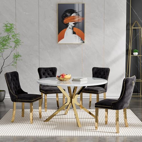 Image of 5-Piece Round Dining Table Set for 4, Luxury Faux Marble Kitchen Table Set for 4 with Black Velvet Chairs, 45 inch Circle Dining Room Tables with White Marble Top and Gold Stainless Steel Cross Legs
