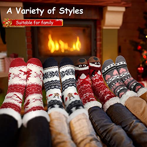 4 Pairs Christmas Women's Fuzzy Slipper Socks Fleece Christmas Slipper Socks Thick Warm Xmas Slipper Socks for Christmas Presents, Winter Party Supplies(Classic Style)2
