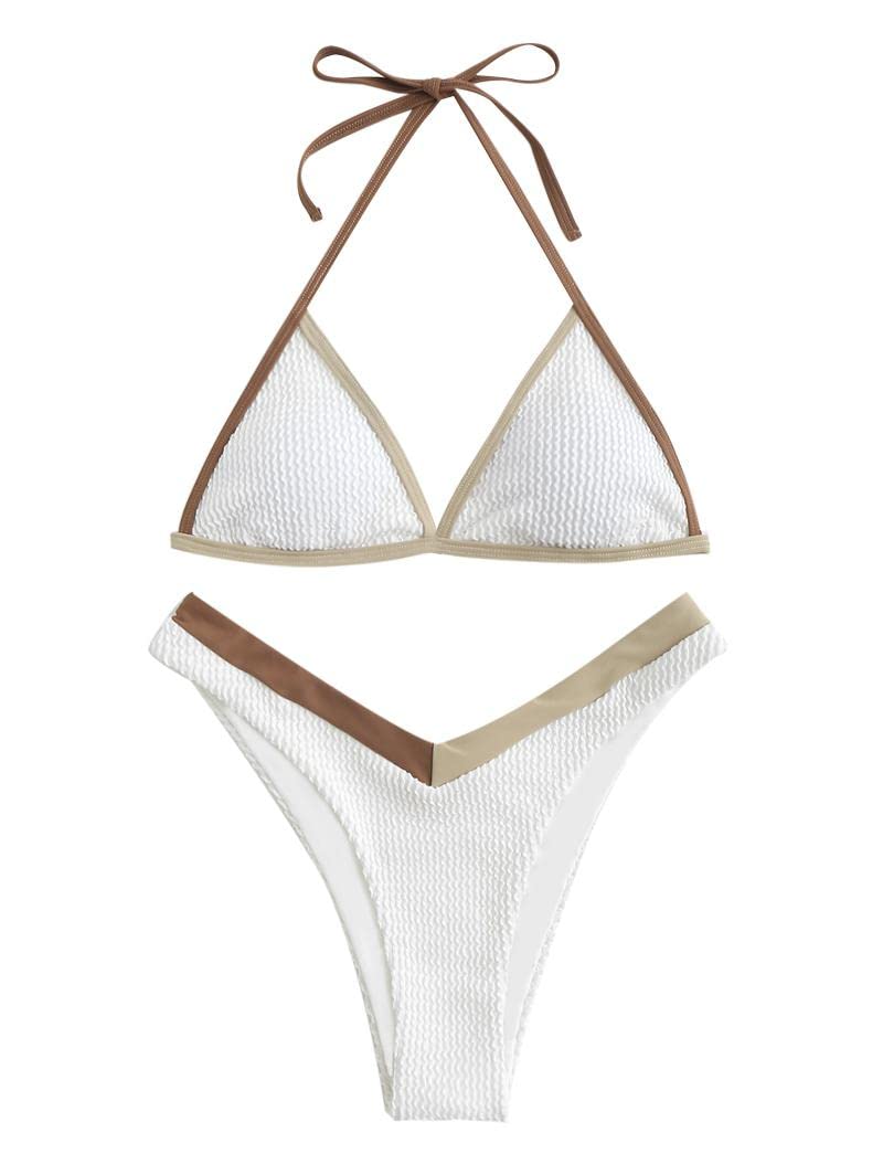 ZAFUL Women Bikini Set Colorblock Textured High Cut Halter Bikini Swimwear High Waisted Bathing Suit