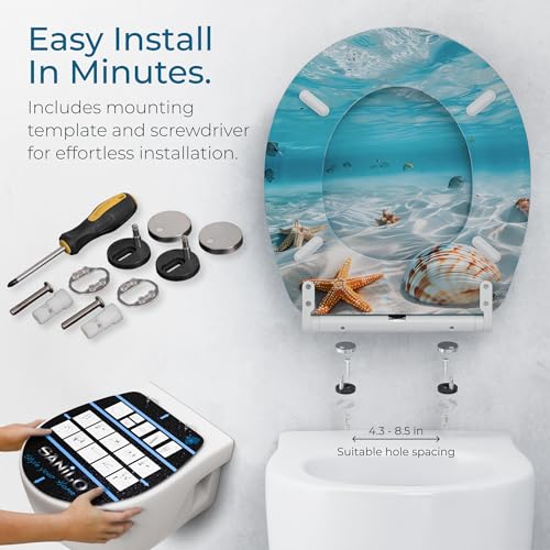 Image of Sanilo Wooden Toilet Seat with Quick Release & Soft Close [ROUND] - Decorative & Slow Close Molded Wood Seat - With One Click for Easy Installation & Cleaning - With Adjustable Fit (Waterworld)