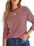 Dokotoo Long Sleeve Shirts for Women Crew Neck Striped Knit Top Comfy Colorblock Basic Tops Business Casual Christmas Shirt Women Trendy Fall Clothes for Women 2025 Red Stripe Medium