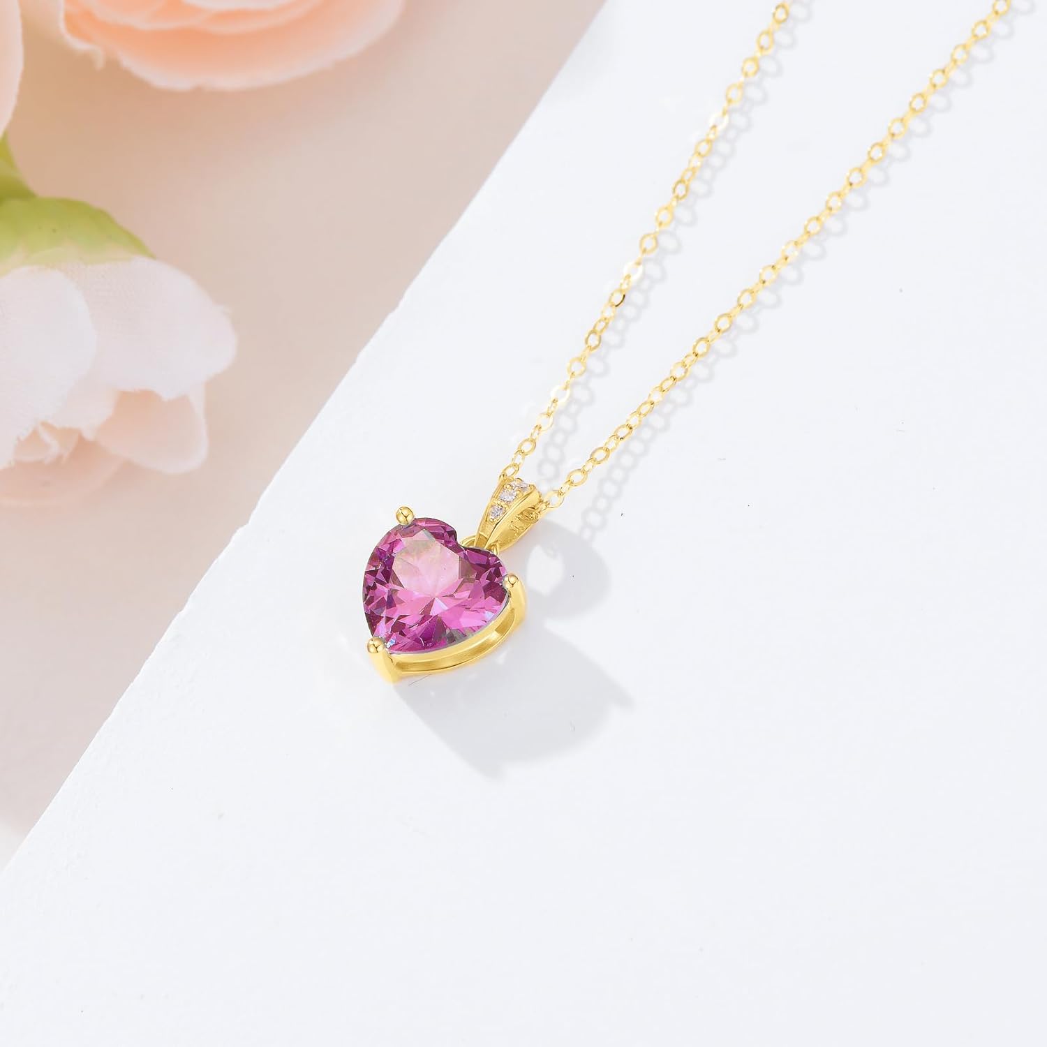 14K Solid Gold Birthstone Heart Necklace, Dainty Yellow Gold Colored Gemstone Heart Pendant Forever Love Jewelry Gift for Women, Mom, Wife 16"-18" - Image 4