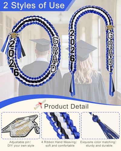 Image of Yigney Graduation Lei Set Class of 2026 Grad Ribbon Leis with Honor Cord Double Braided Graduate Leis for Men Women Blue Black White