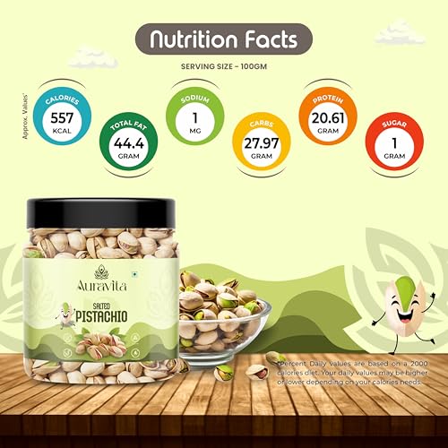Image of Auravita Premium Roasted & Salted Pistachios 250gm | Crunchy & Flavorful Pista Dry Fruit | Resealable Jar | High in Protein & Fiber | Ideal for Snacking, Gifting & Recipes