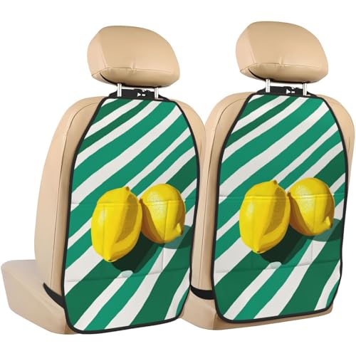 Minimalist Two Lemons On Green White Striped Car Seat Back Kick Protectors,2 Pack Kick Mats With Storage Pockets For Vehicles To Protect From Dirt Mud Scratches