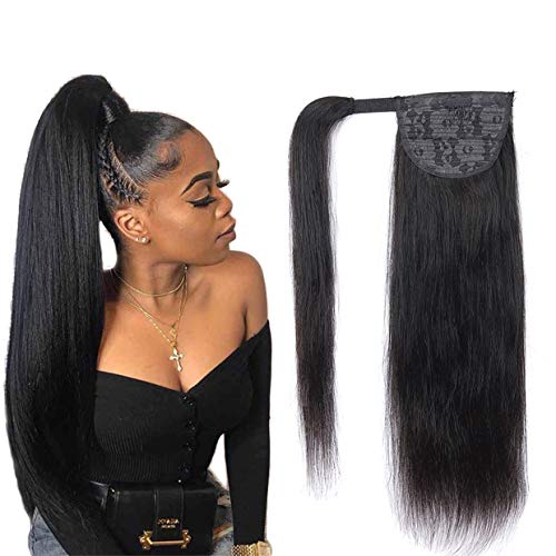 Magic Paste Wrap Around Ponytail Hair Extensions Human Hair Long Straight 100% Real Remy Hair Pony Tails Hair Extensions For Women Natural Black (14 Inch, 105g)