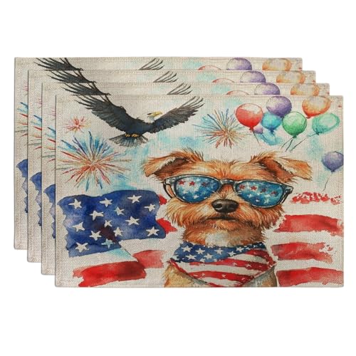 Lot de 4 sets de table Norfolk Terrier du 4 juillet, 30,5 x 45,7 cm, 250 ans anniversaire américain, pour salle à manger, fête patriotique, décoration de...