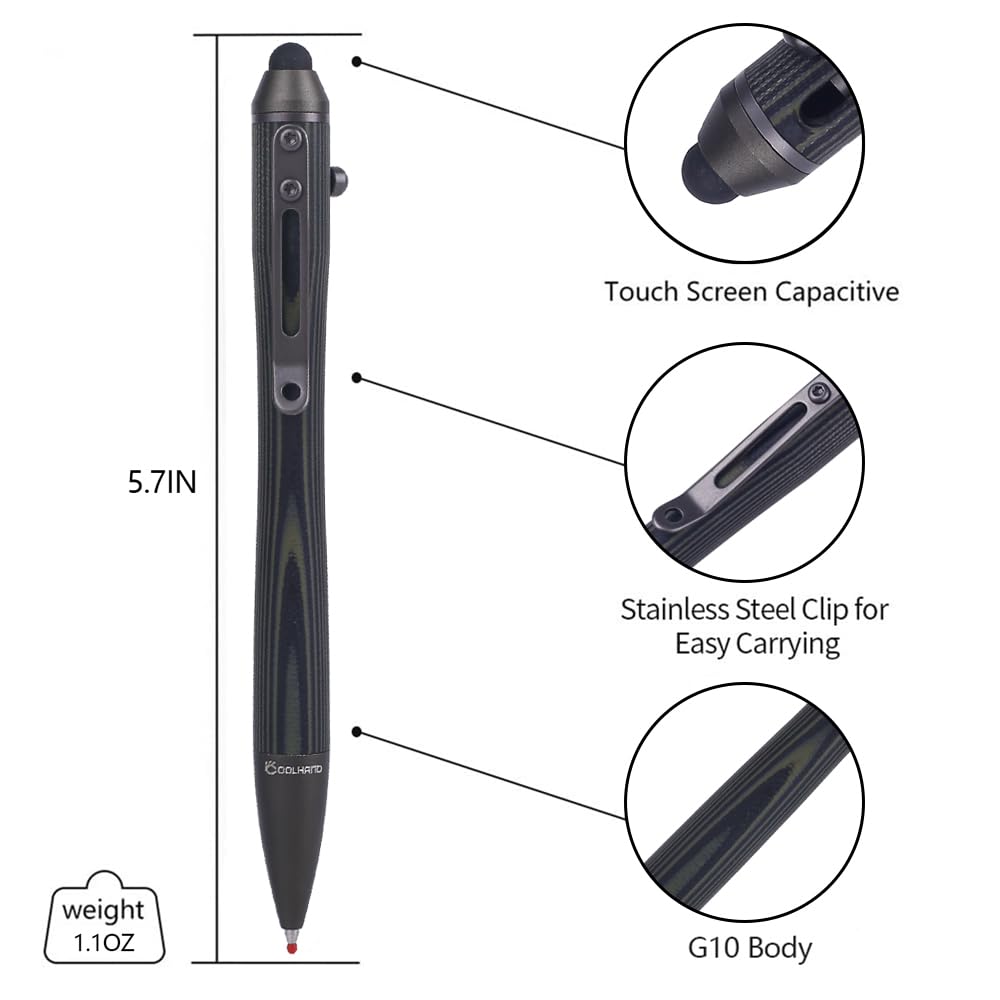 Cool Hand 5374-G Bolzen-Action-Stift, EDC-Kugelschreiber, nachfüllbar, Stylus für Touchscreen, G10-Körper mit Taschenclip, ergonomischer Griff, mit kostenloser Nachfüllung, 5,7 Zoll