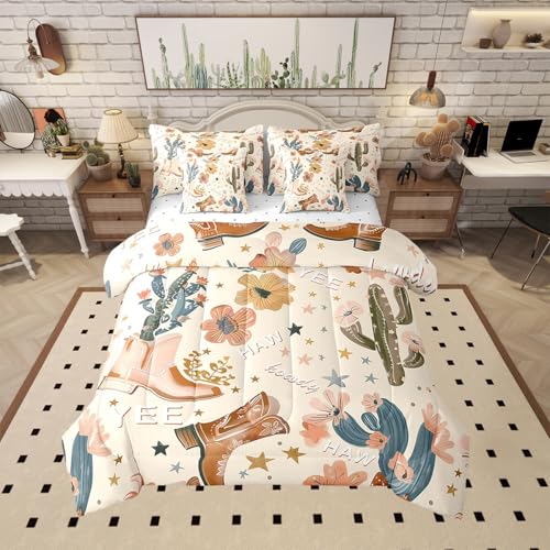 Manfei 7 Pieces Cowboy Comforter Set Twin Size, Cowboy Boots Bedding Set for Kids Girls Bedroom Decor, Wild West Cactus Flower Cowgirl 7pcs Bed in a Bag with Comforter, Sheets and Pillow Cases