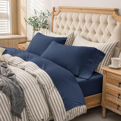PURE ERA Jersey Knit 4pc Bed Sheet Set 100% T-Shirt Cotton Super Soft Comfy Breathable Fits Mattress Up to 20" Extra Deep Pocket (Solid Navy Blue, King)