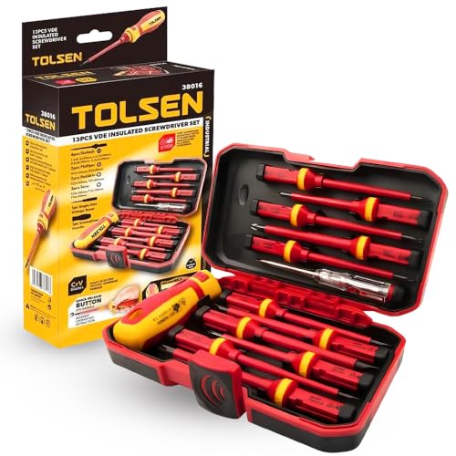 Tolsen 13pcs VDE Insulated Electricians Screwdriver Set with Rubber Handle in Hard Case | Interchangeable | Magnetic Tips | 1000V | Ideal for Electrical, Home and DIY Projects