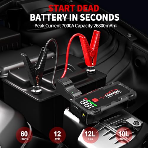 Image of FOWAWU 26800 mAh 7000 A Peak Jump Starter for 12 V Vehicles (12 L Petrol / 10 L Diesel) and Moto, Car Battery Jump Starter Power Pack with Smart Jumper, 5 * 3.5 CM Large Screen and LED Torch