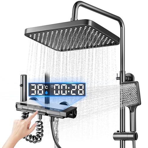 Koeutoze Columna de Ducha Termostatica con Pantalla Digital LED, Cabezal de Ducha XL estilo Lluvia, Ducha de Mano, Rociador auxiliar y Grifo Cascada – Acero Inoxidable - Baño de Lujo y Confort