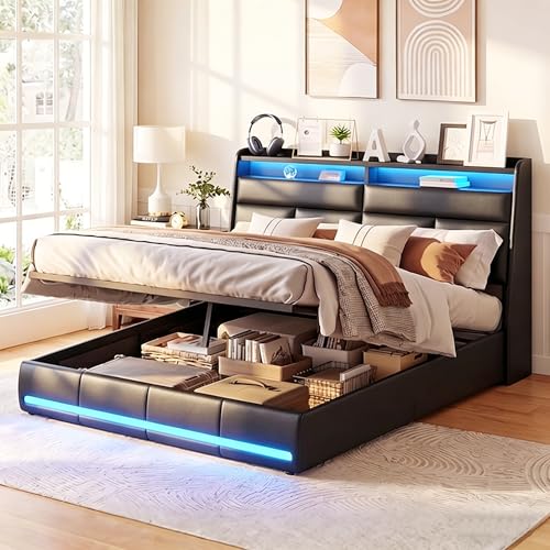 FOERPL Letto Contenitore 160x200 cm Imbottito, Struttura Letto Matrimoniale con luci LED, Rete e Testiera, Letto 160x200 per adulto adolescenti, PU Nero, Moderno (senza materasso)