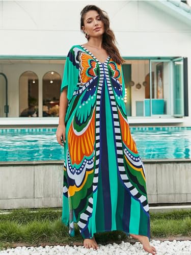 Image of IMAGEKOPE Women's Plus Size Loose Fit Moroccan Print V-Neck Batwing Kaftan Beach Dress Bathing Suit Cover Up