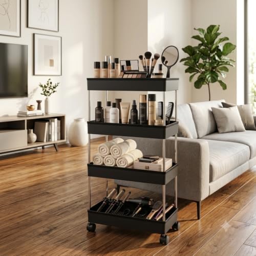 Image of 4 Step Rack Shelf with Wheels, Black, 4 Layer