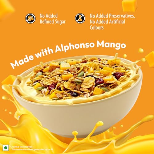 Image of True Elements Mango Mojo Muesli 350 g with Alphonso Mango | Healthy Breakfast Cereal | High Fiber, Protein Rich | Rolled Oats, Seeds & Grains | No Added False Claims | Limited Edition