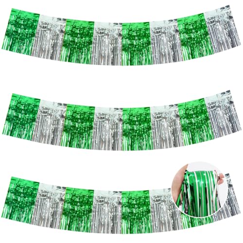 Image of BEISHIDA 3 Pack Green Silver Foil Fringe Garland 30ft Wall Tinsel Banner