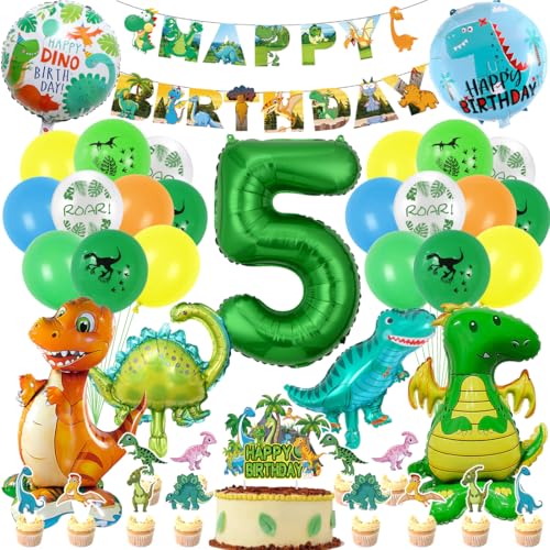 Decoration Anniversaire Dinosaure 5 Ans, XXL Ballons Dinosaure 5 Ans Garçon, avec Décoration de Gâteaux, Happy Birthday Bannière, pour Vert Jungle Thème Deco Anniversaire Fête Garçon Enfants