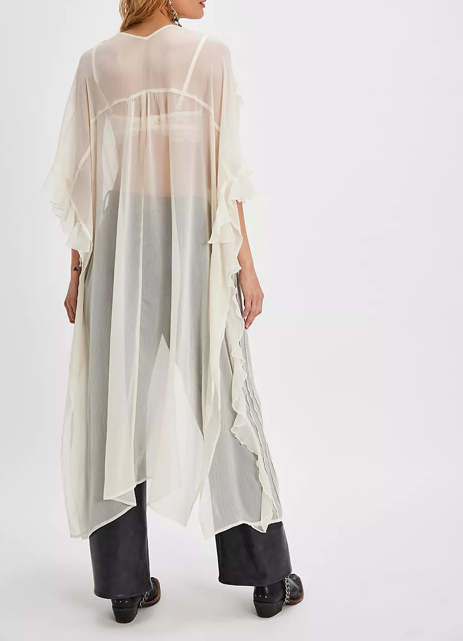 NUFIWI Women Frill Sheer Kimono Half Sleeve Ruffle Top See Through Flowy Blouse Shirt Side Split Long Chiffon Cardigans - Image 2