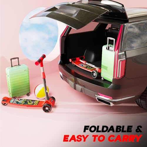 Image of Konex Kick Scooter for Kids (2+ Years) | 3 Broad Rubber Wheels for Smooth Ride | 4-Level Height Adjustable Handle | Foldable & Portable with Back Brake (Red-Black, ECO)
